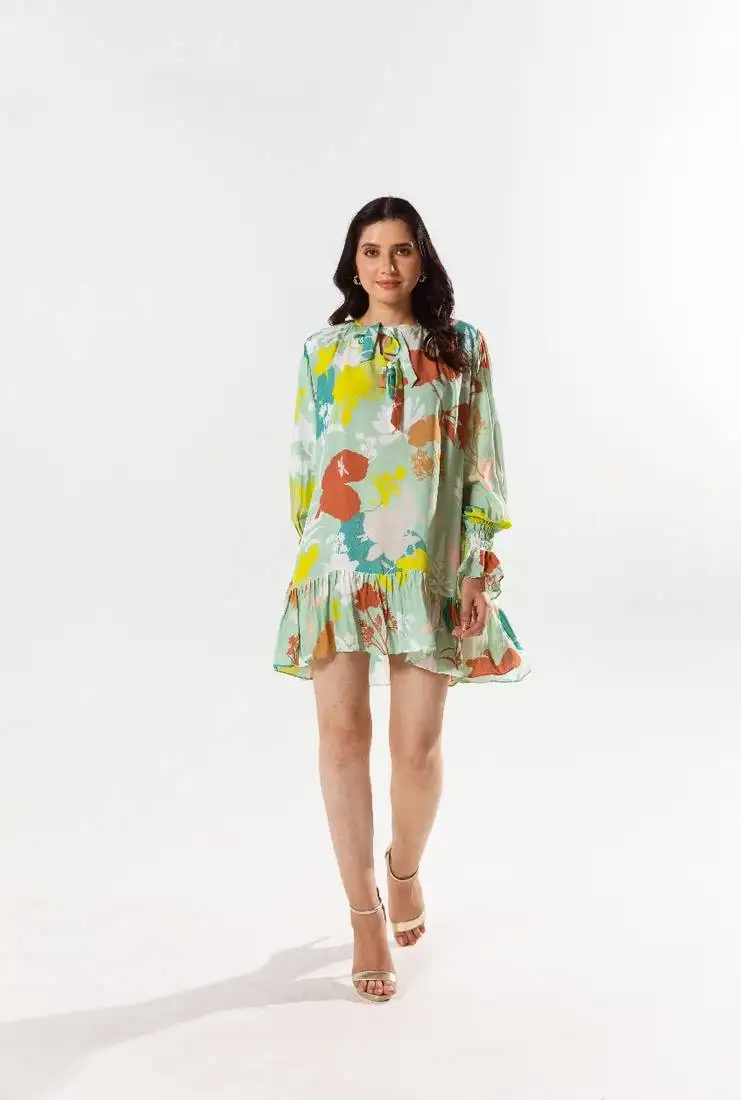 Green cotton silk printed etsu dress