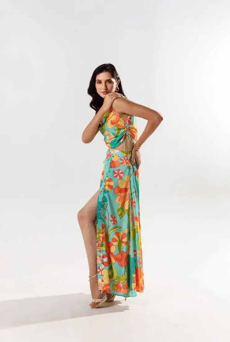 Blue cotton silk printed yurika set