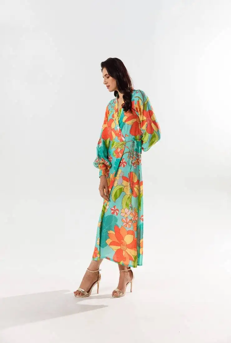 Blue cotton silk printed yami wrap dress