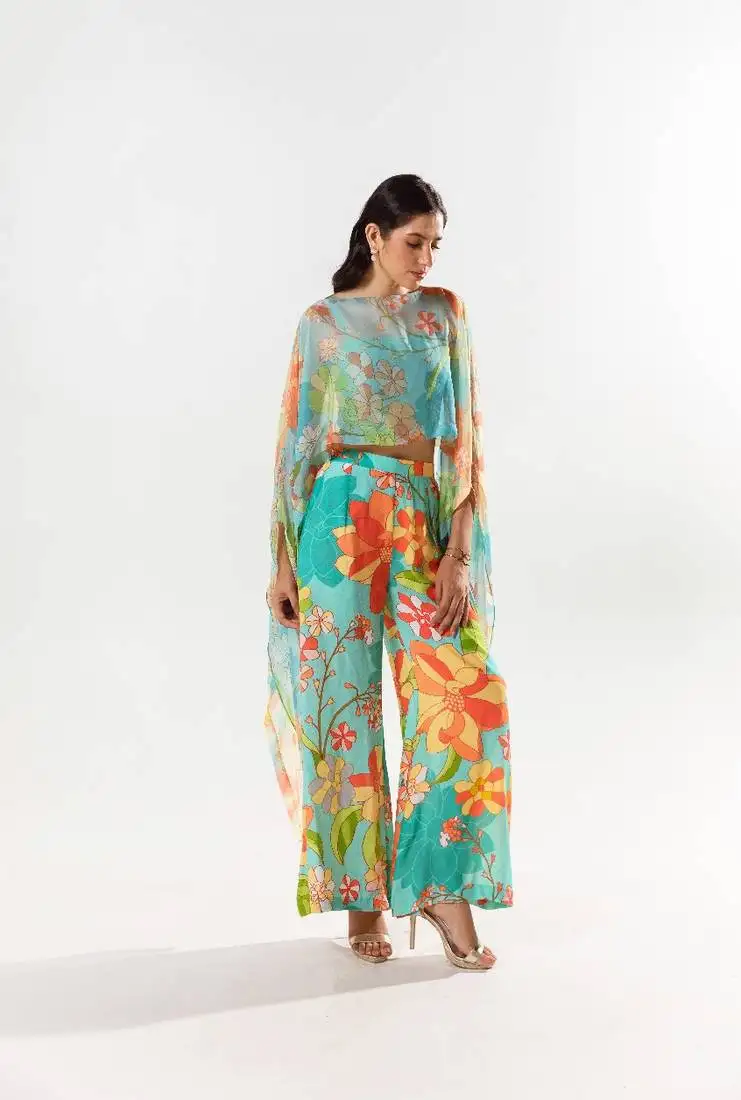 Blue chiffon printed cynthia co-ord set with cape