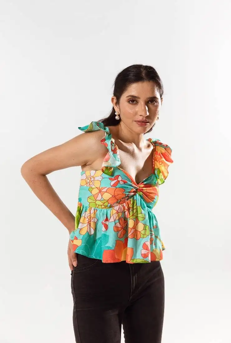 Blue cotton silk printed adeline top