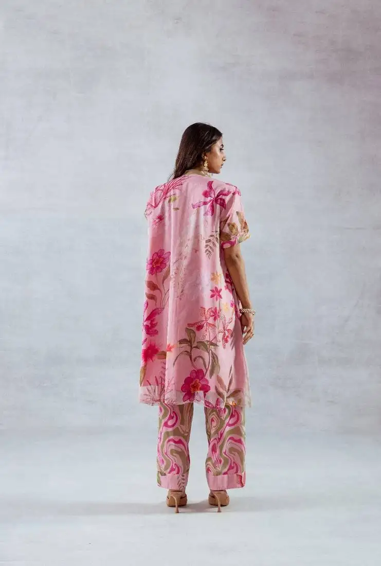 Pink chiffon printed fio set