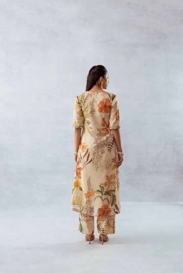 Beige chiffon printed marigold set
