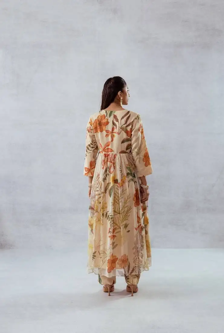 Beige chiffon printed abelia set