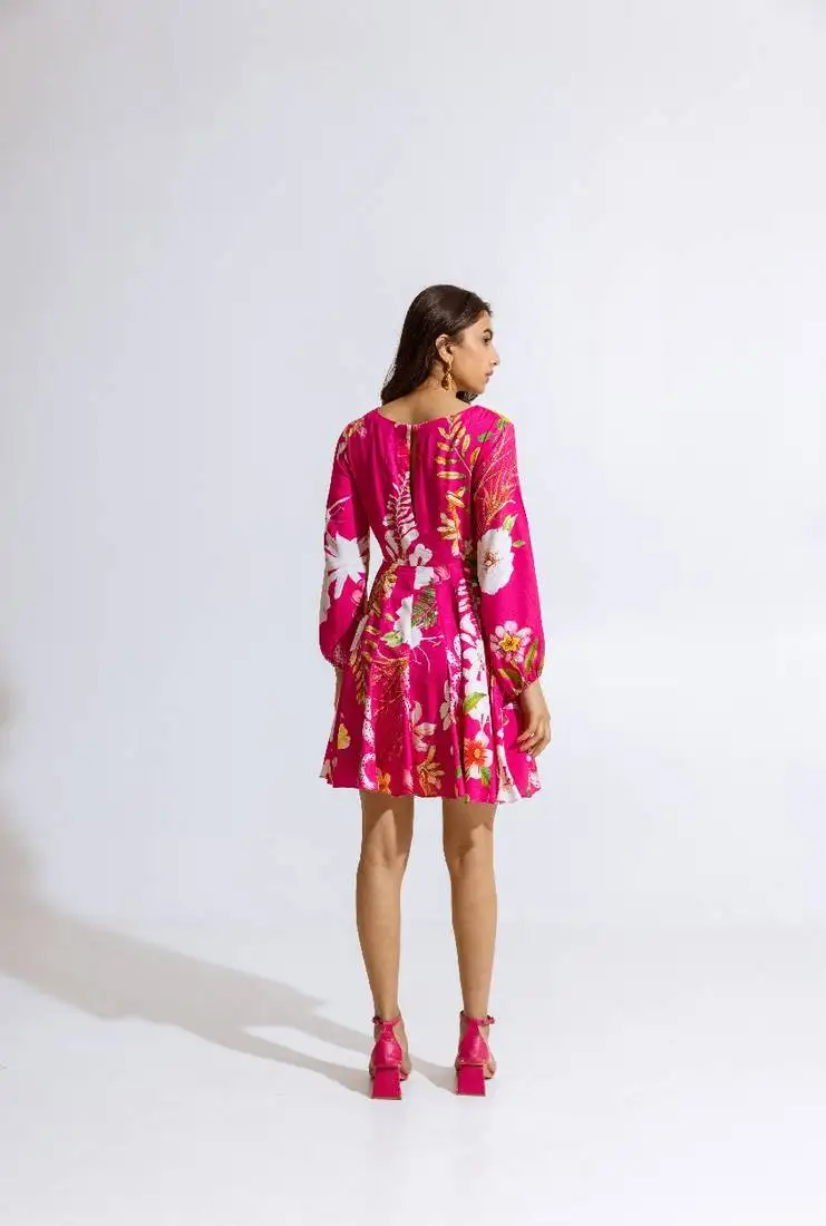 Pink crepe printed verbena dress