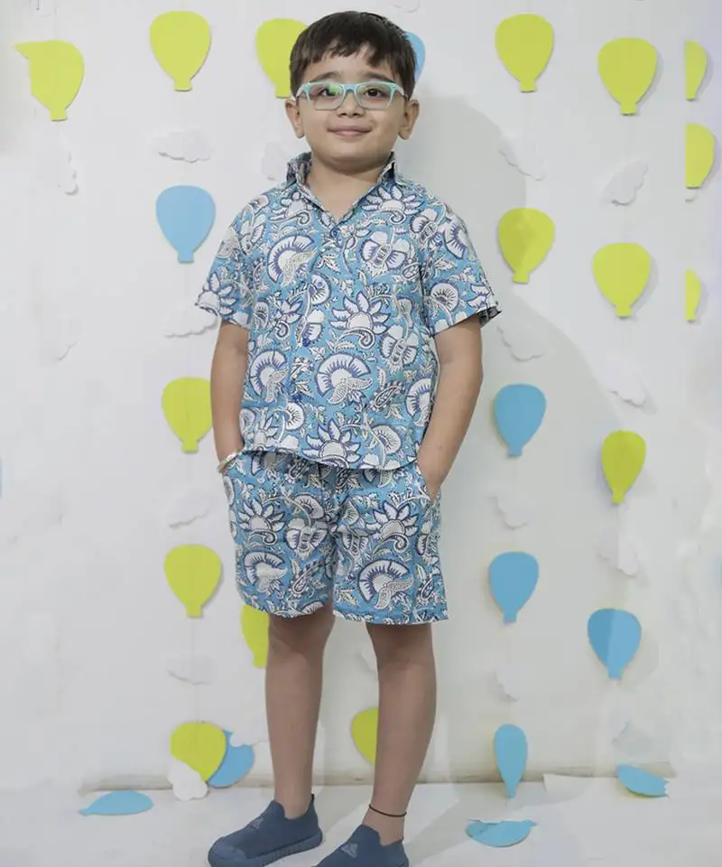 Blue cotton floral printed shirt and pant for boys