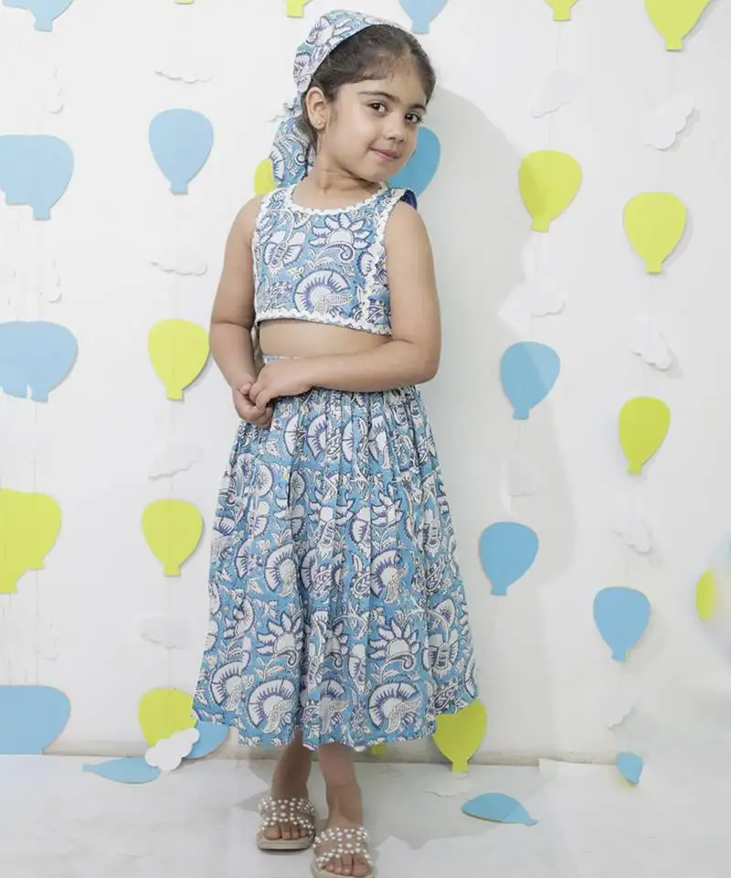 Blue cotton floral printed skirt and top for girls