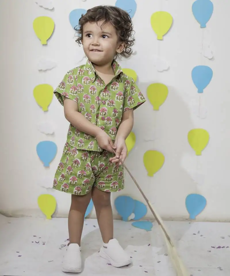 Green cotton floral printed shirt and pant for boys