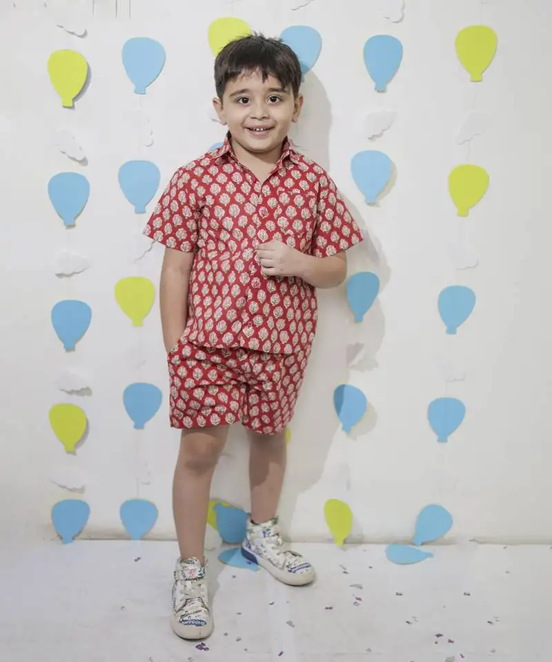 Red cotton floral printed shirt and pant for boys