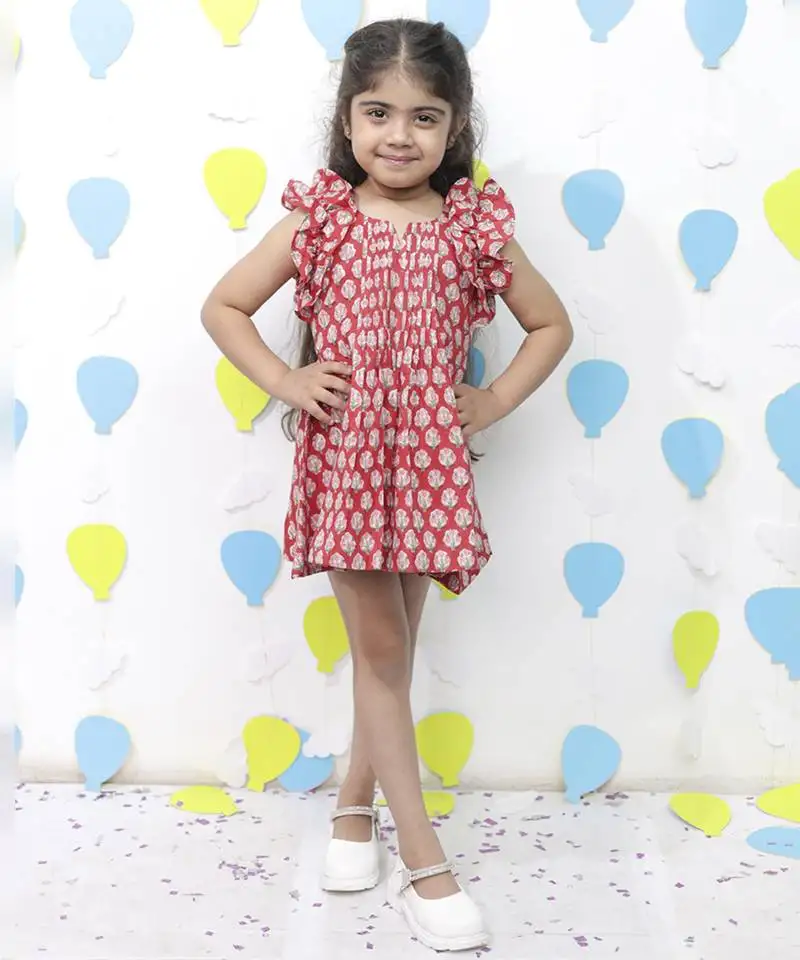 Red cotton floral printed dresses for girls