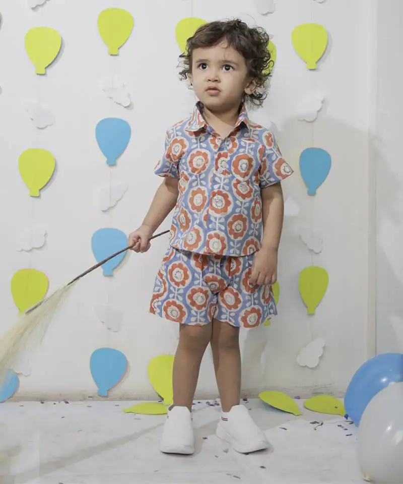 Multicolor cotton floral printed shirt and pant for boys