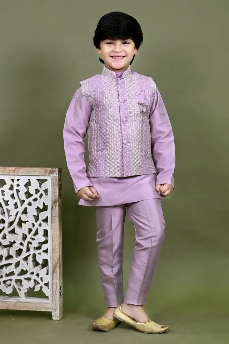 Boys cotton silk embroidered sequined kurta pyjama and waistcoat set - onion