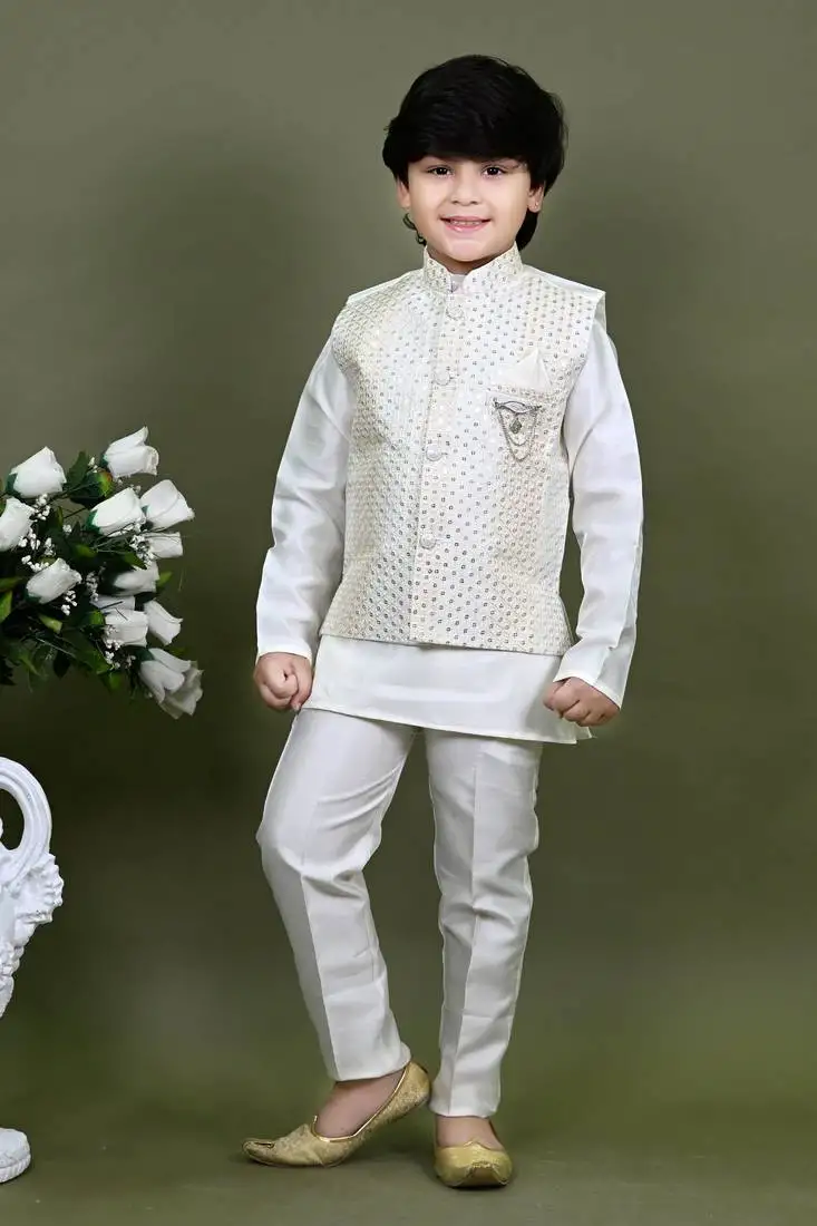 Boys cotton silk embroidered sequined kurta pyjama and waistcoat set - white