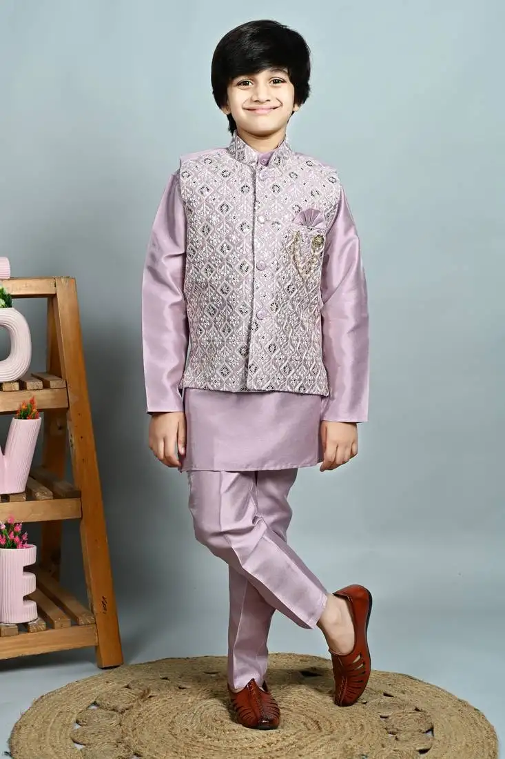 Boys cotton silk dori embroidered sequins kurta pyjama with waistcoat set - onion