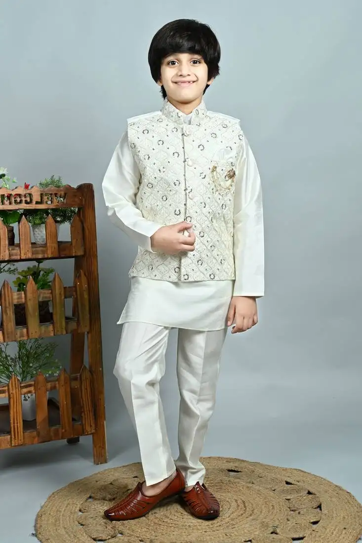 Boys cotton silk dori embroidered sequins kurta pyjama with waistcoat set - white