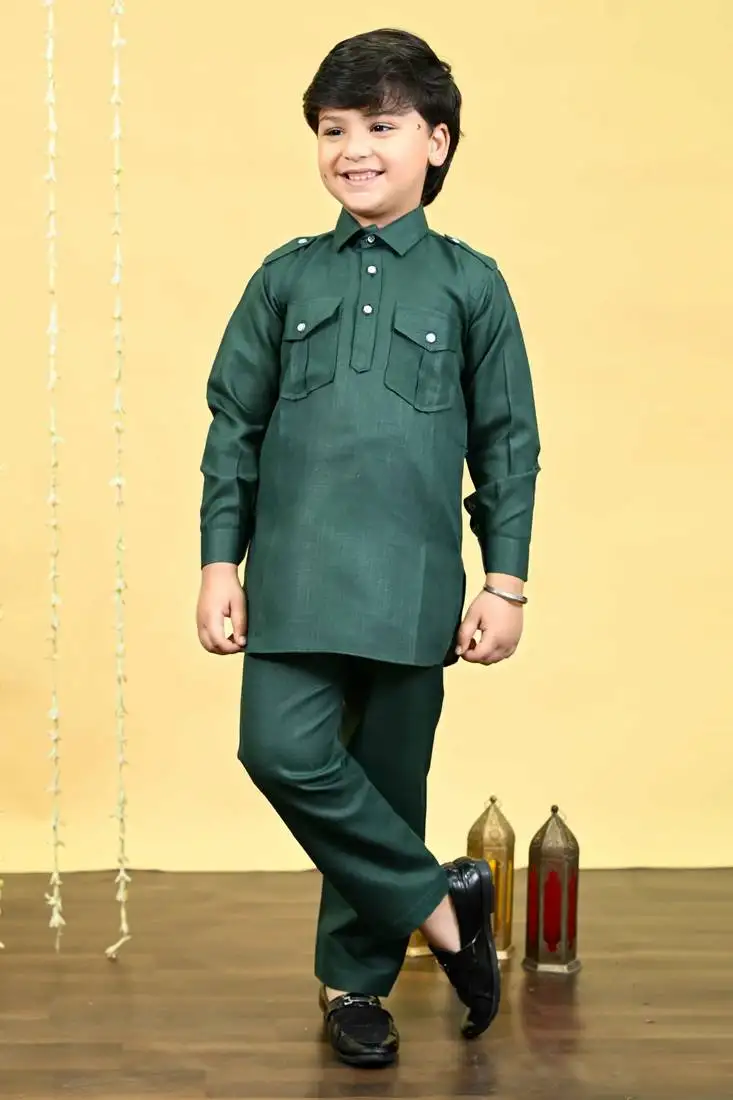 Boys cotton blend pathani kurta with salwar set - dark green
