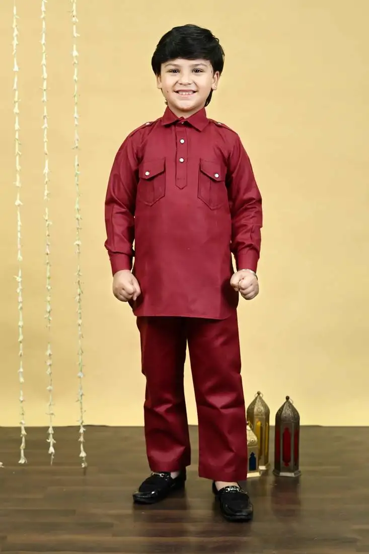 Boys cotton blend pathani kurta with salwar set - maroon