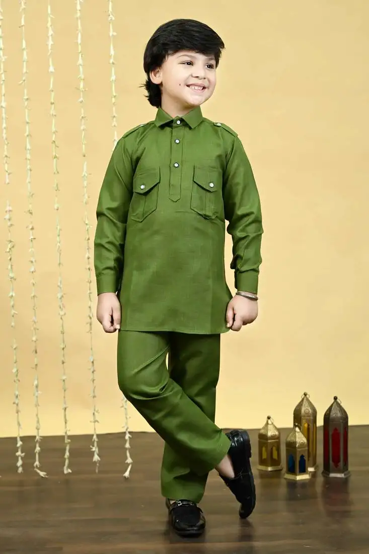 Boys cotton blend pathani kurta with salwar set - mehandi