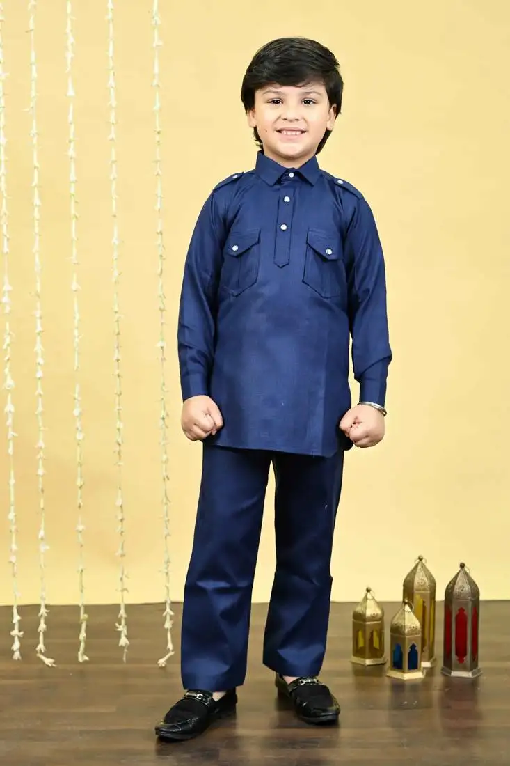 Boys cotton blend pathani kurta with salwar set - navy blue