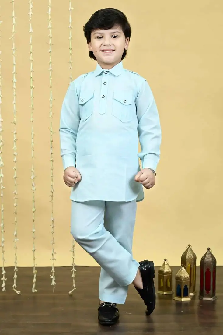 Boys cotton blend pathani kurta with salwar set - sky blue