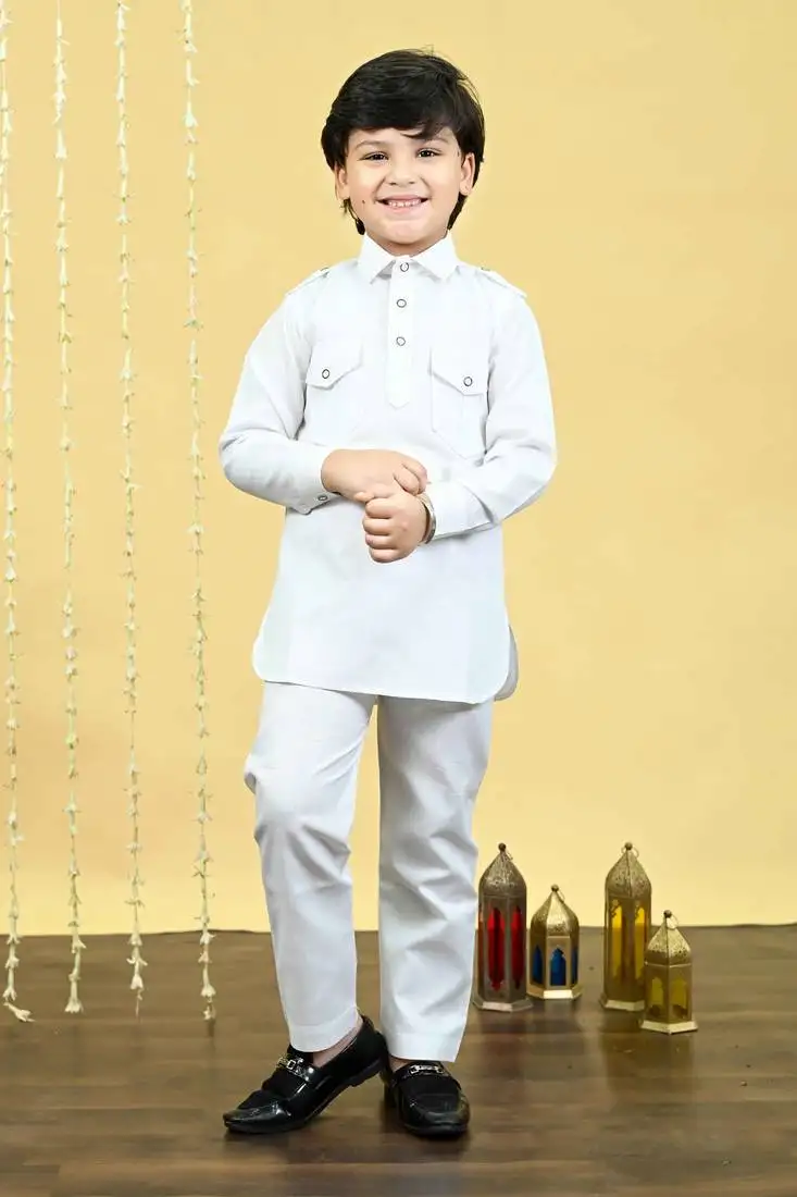 Boys cotton blend pathani kurta with salwar set - white