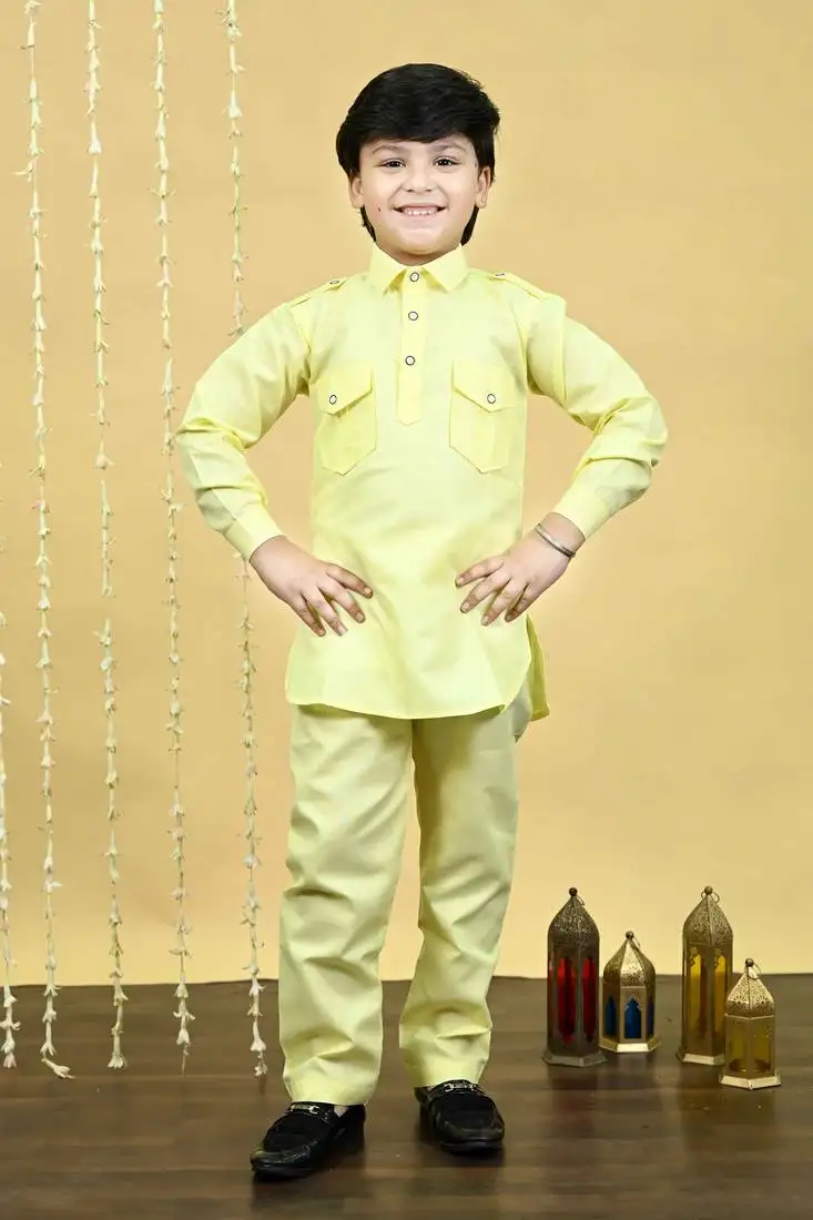 Boys cotton blend pathani kurta with salwar set - yellow