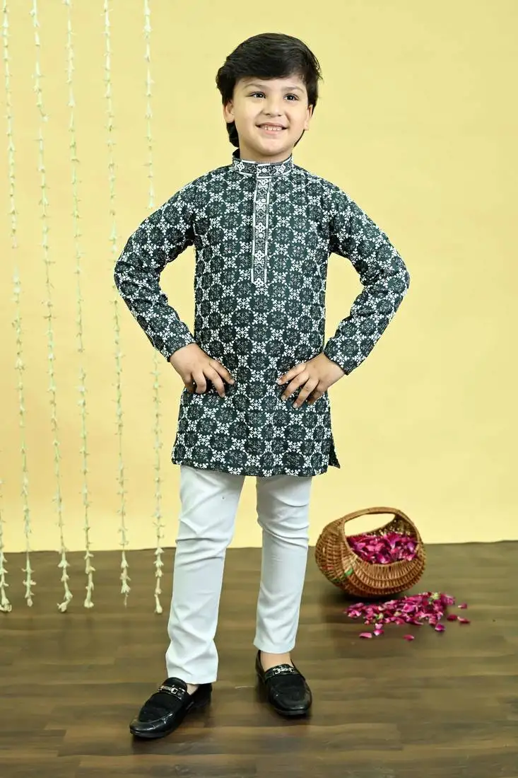 Boys viscose rayon embroidered sequinned kurta pyjama set - dark green