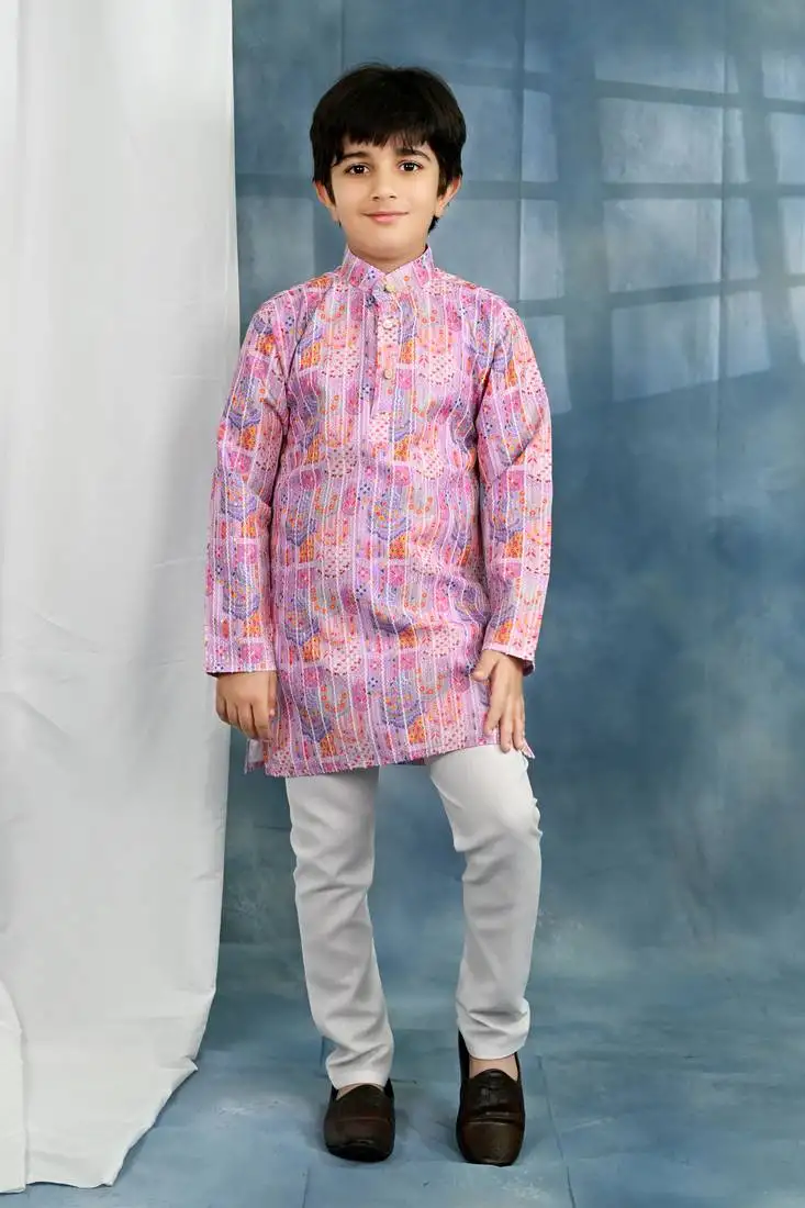 Pink crochet jaipurian printed kurta and pyjama set for boys