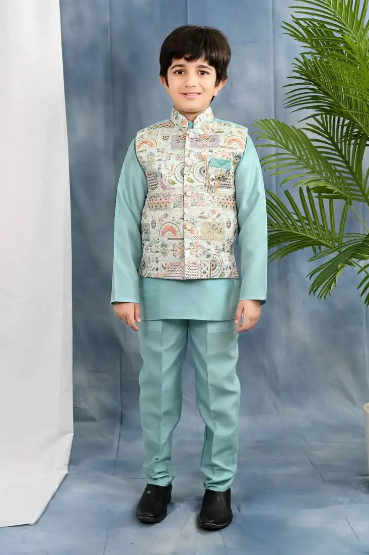 Light blue solid threadwork embroidered kurta pyjama and waistcoat for boys