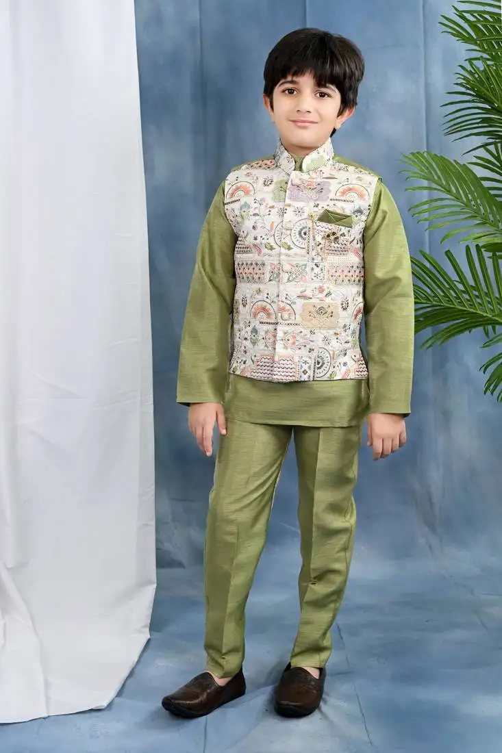 Olive green solid threadwork embroidered kurta & pyjama and waistcoat for boys
