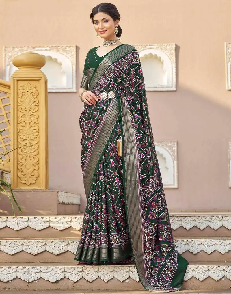 Dark green printed patola silk blend saree