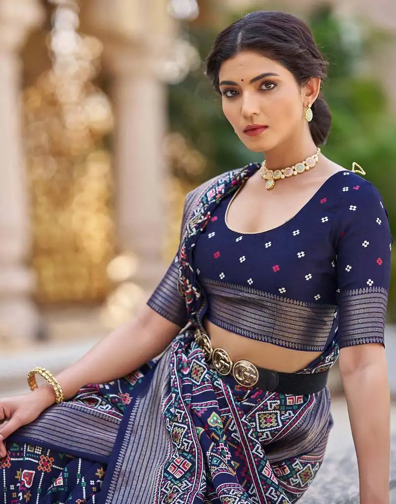 Navy blue printed patola silk blend saree