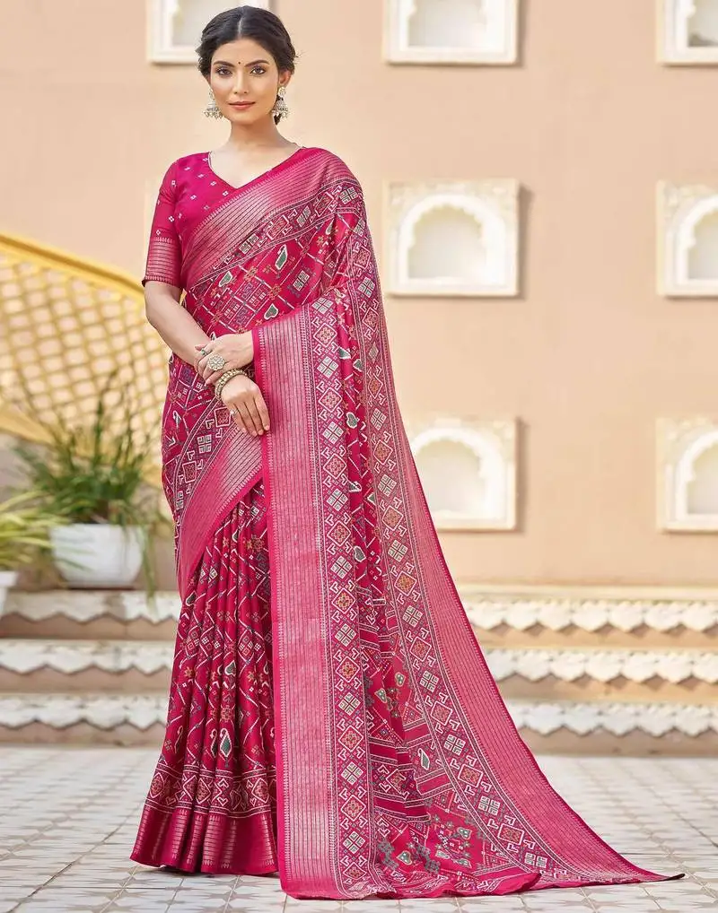 Pink printed patola silk blend saree