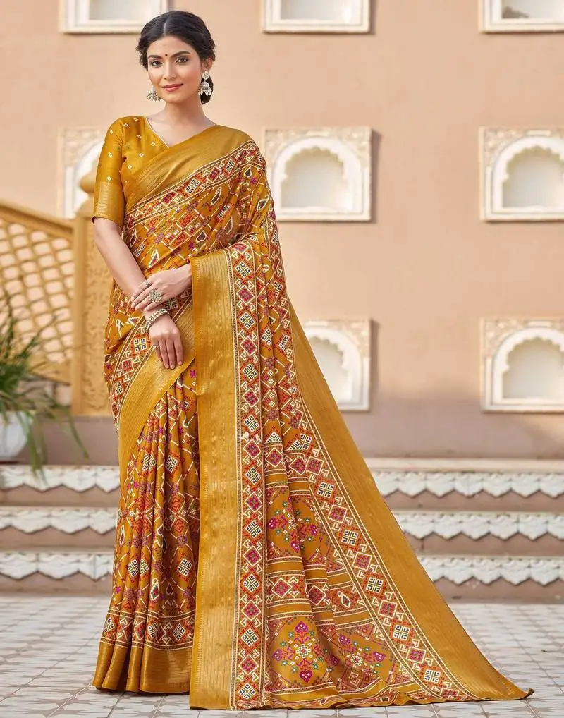 Yellow printed patola silk blend saree