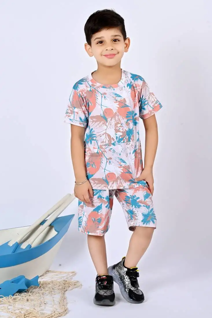 Multicolour cotton knitted tropical printed half sleeves t-shirt & shorts set for boys