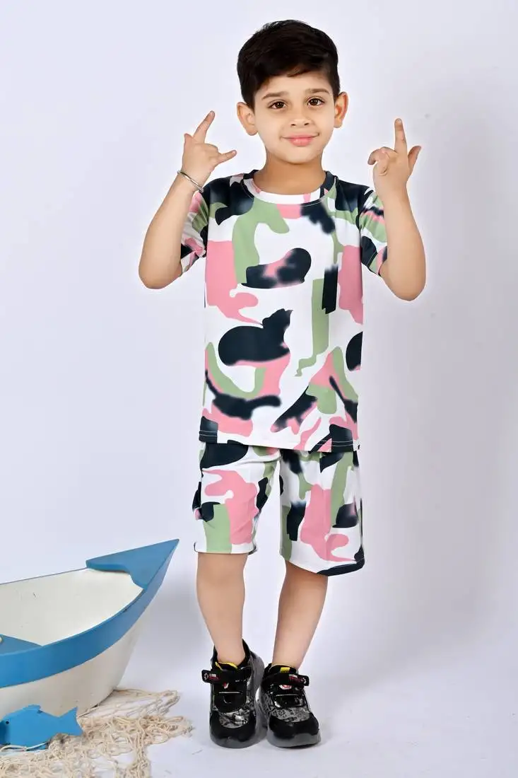 Green pink cotton knitted abstract printed half sleeves t shirt and shorts set for boys