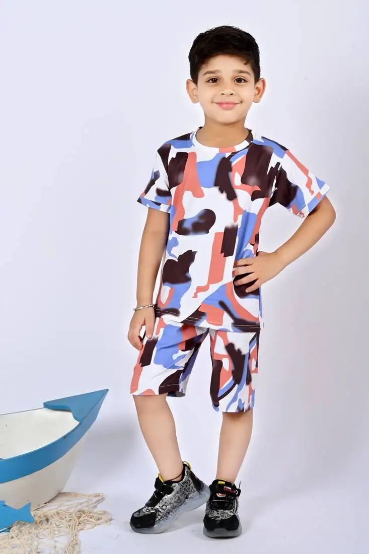 Peach blue cotton knitted abstract printed half sleeves t shirt and shorts set for boys
