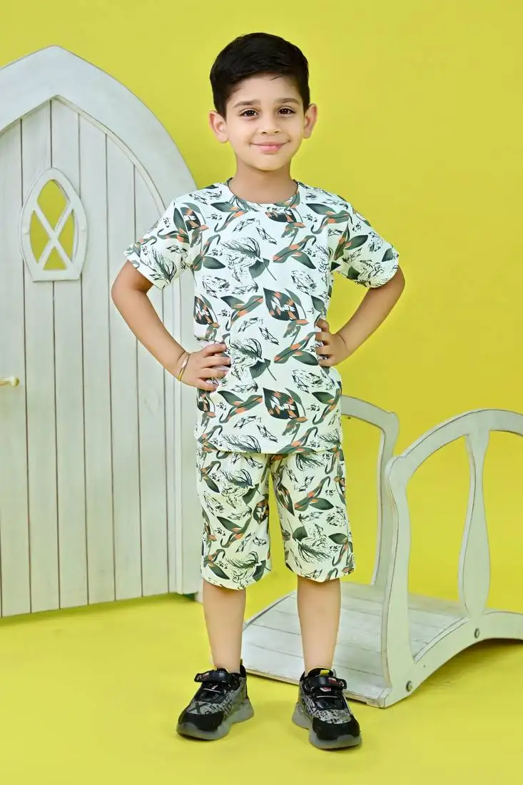 Green cotton knitted tropical printed half sleeves t shirt and shorts set for boys