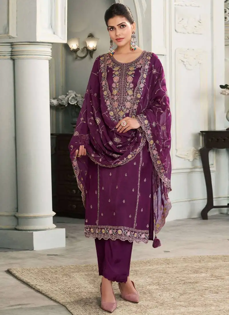 Wine silk thread embroidered salwar suit semi stitched