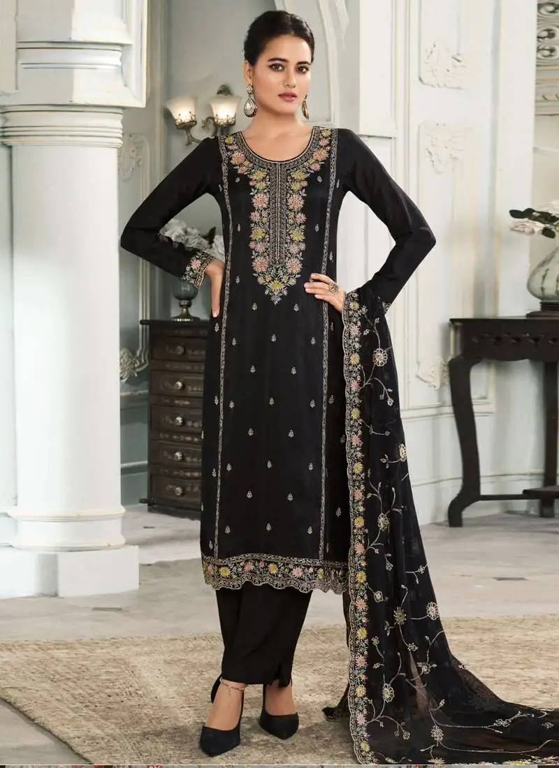 Aqua blue silk thread embroidered salwar suit semi stitched