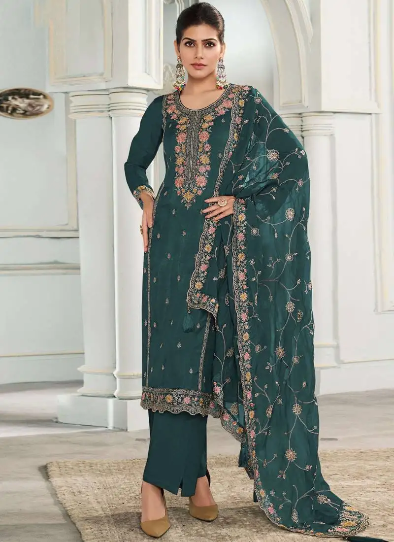 Rama green silk thread embroidered salwar suit semi stitched