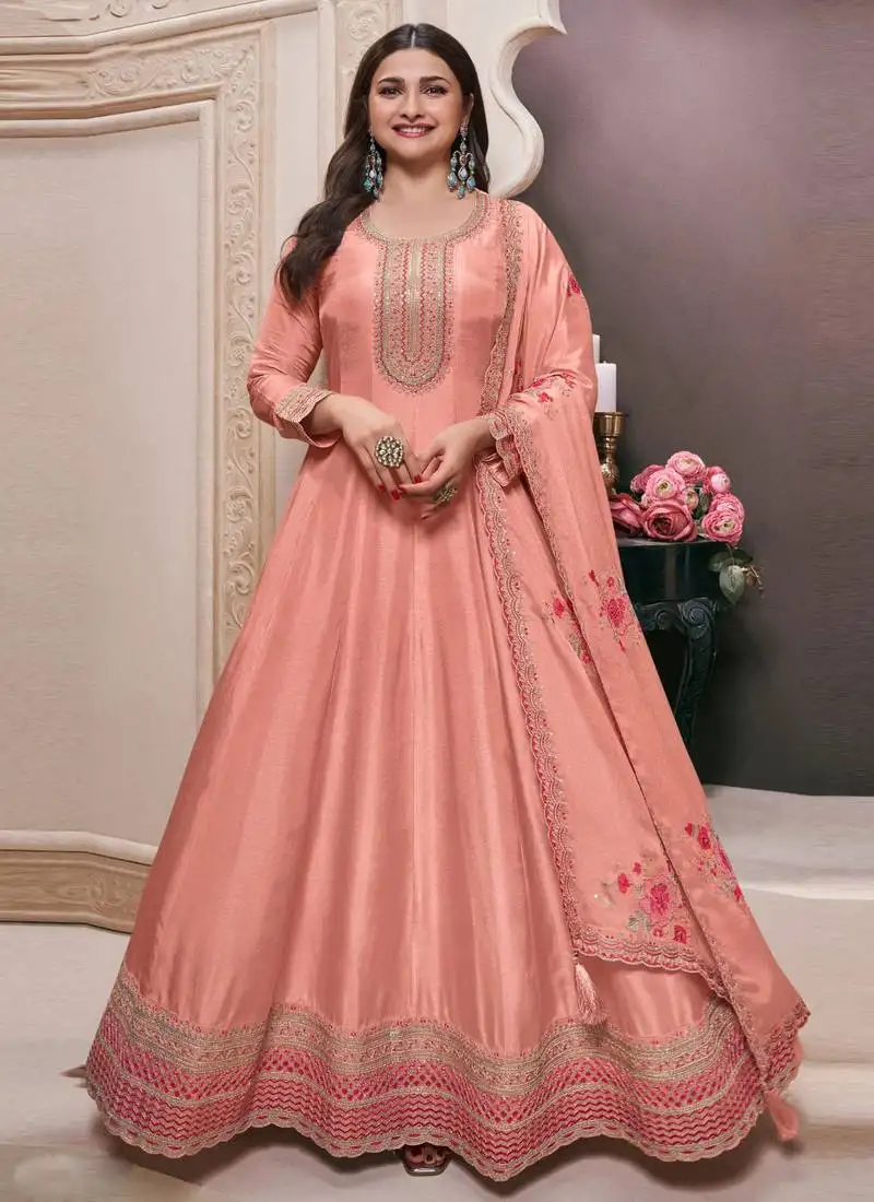 Peach silk embroidered designer anarkali suit semi stitched