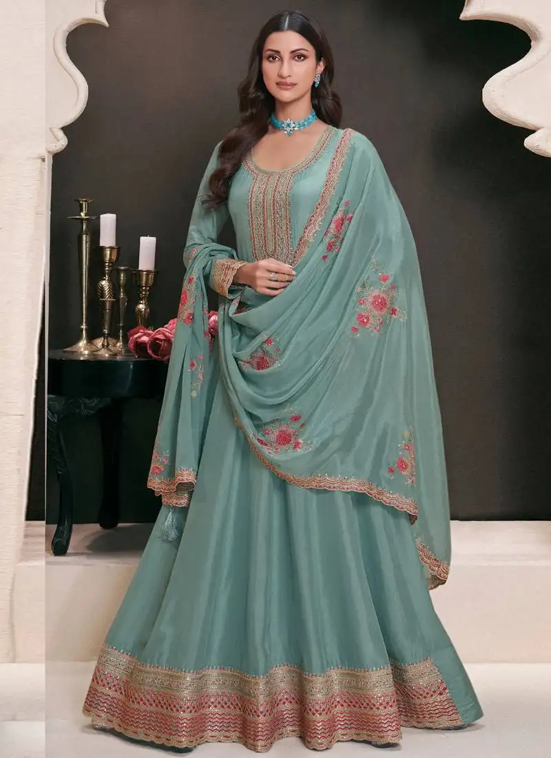 Turquoise silk embroidered designer anarkali suit semi stitched