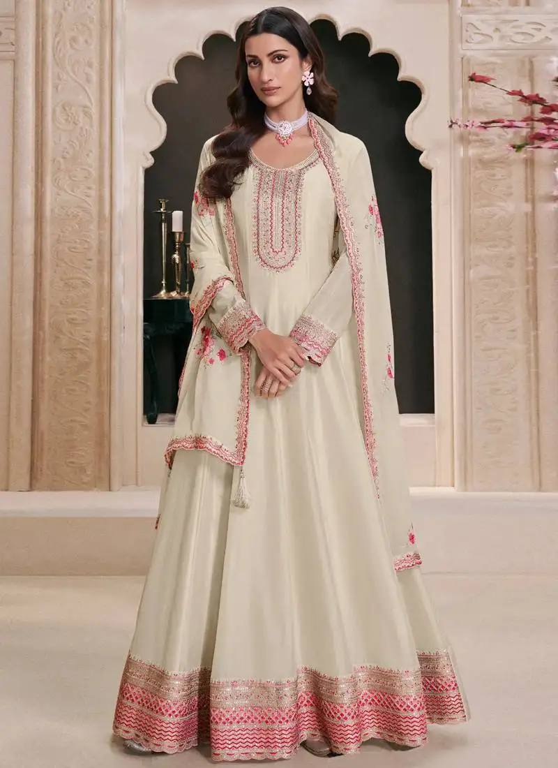 Off white silk embroidered designer anarkali suit semi stitched