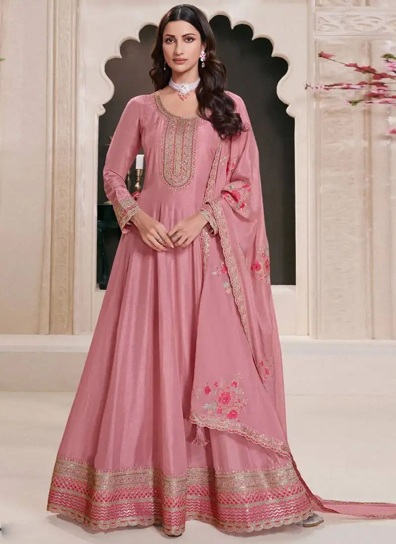Light pink silk embroidered designer anarkali suit semi stitched