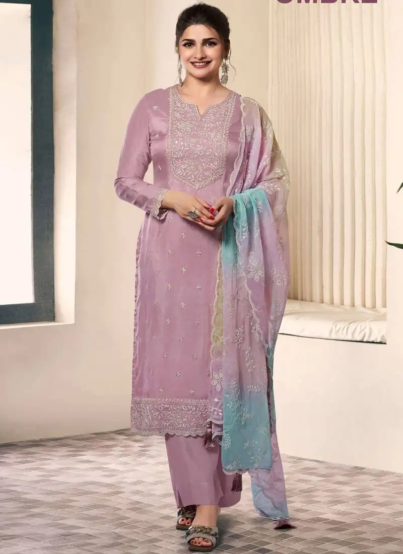 Light lavender moonga silk thread embroidered salwar suit semi stitched