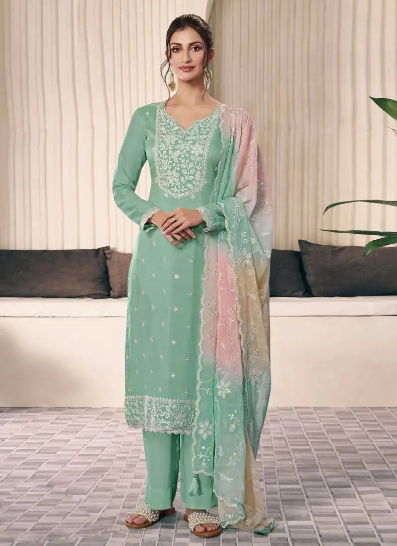 Sea green moonga silk thread embroidered salwar suit semi stitched