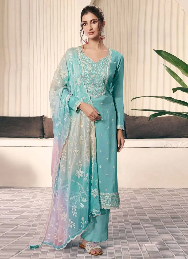 Sky blue moonga silk thread embroidered salwar suit semi stitched