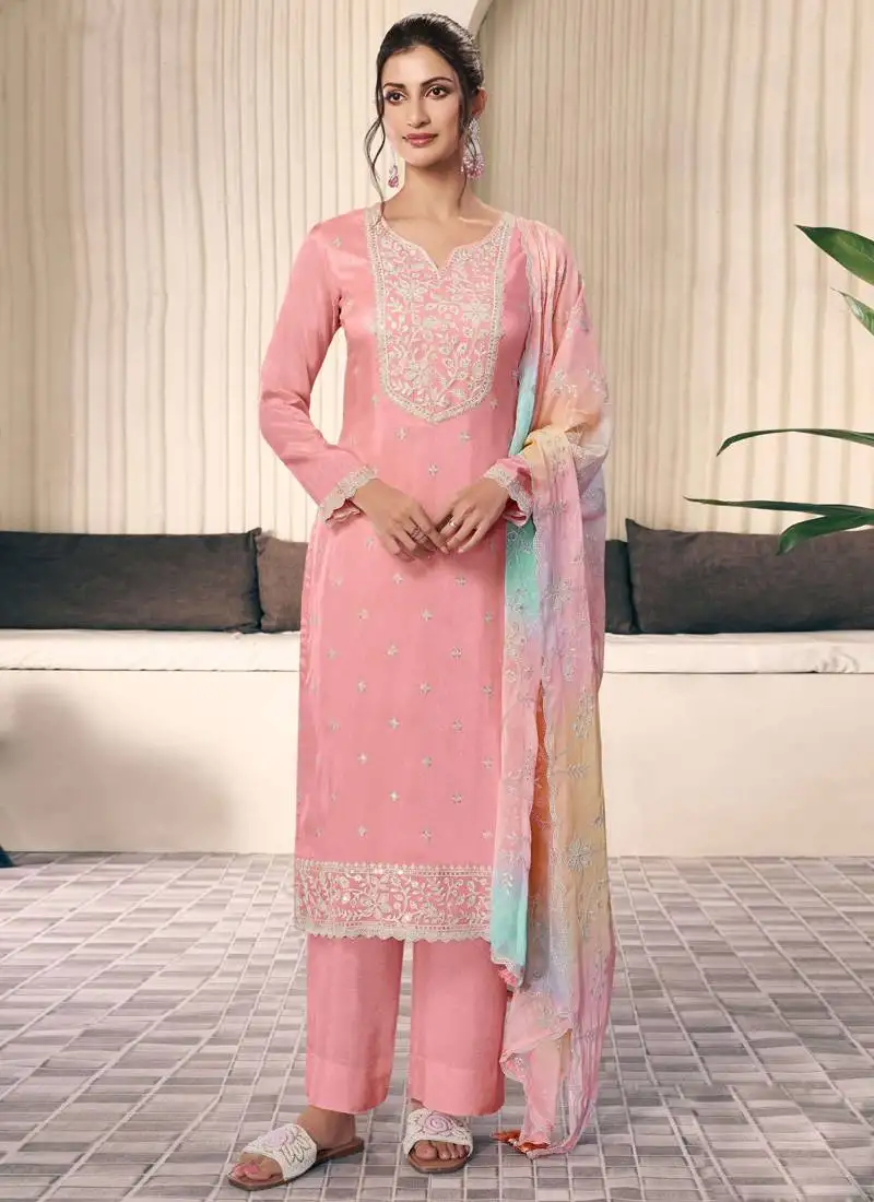 Peach moonga silk thread embroidered salwar suit semi stitched