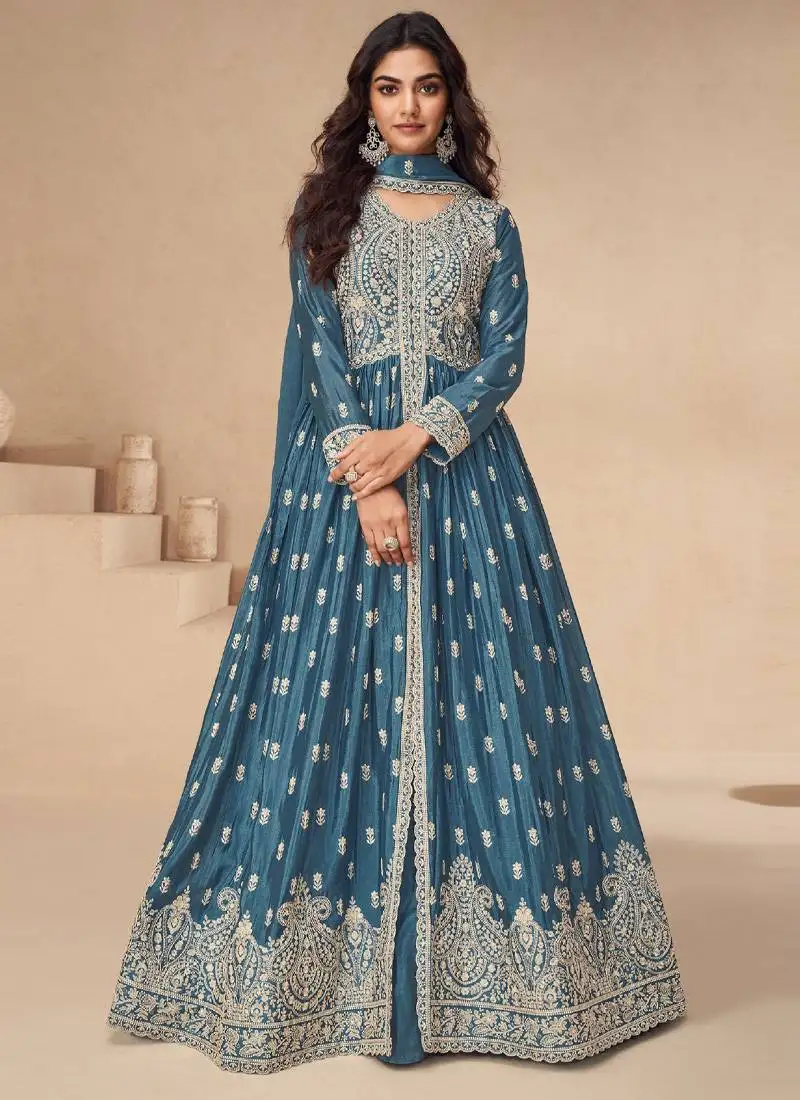 Aqua blue chinon silk embroidered sequence anarkali suit semi stitched
